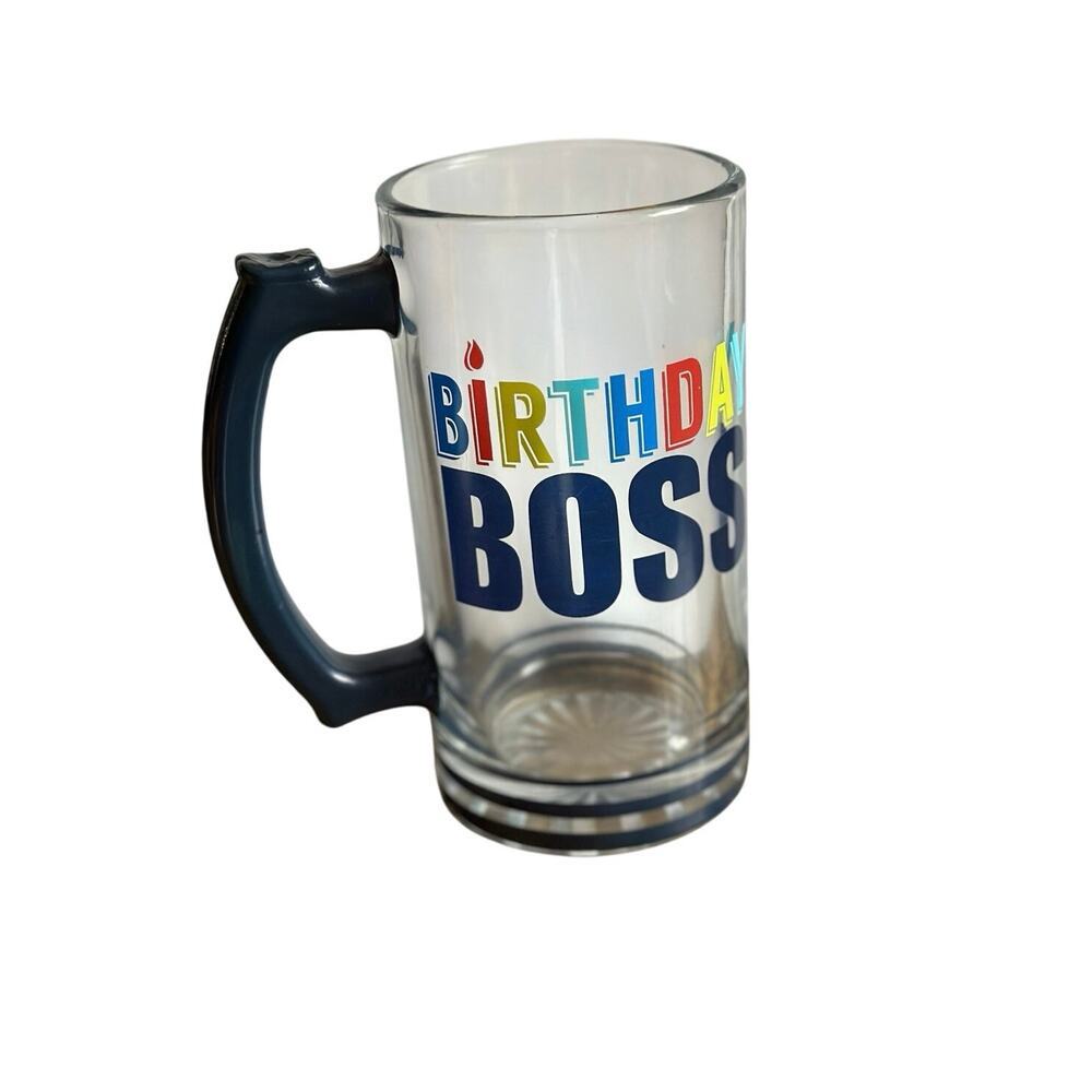 “Birthday Boss” Glass Beer Stein Drink Mug, Clear, Blue Handle